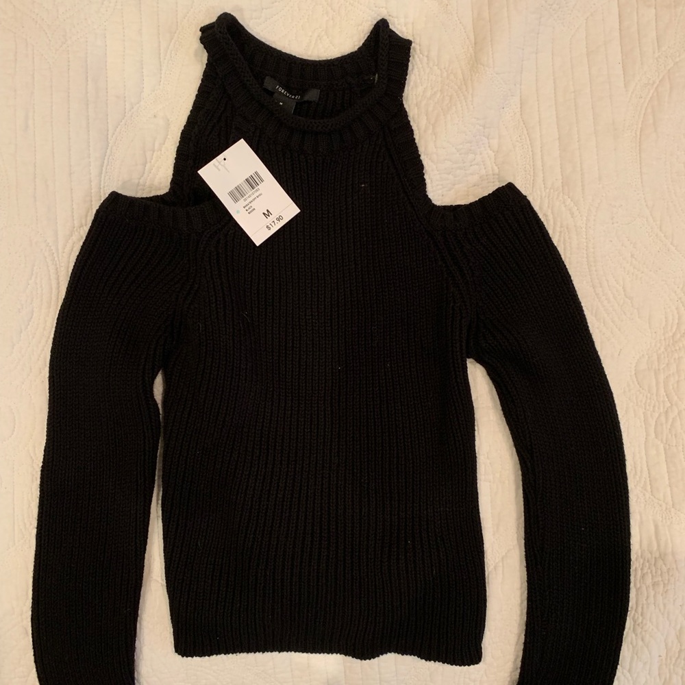 Long sleeve open shoulder black knit top